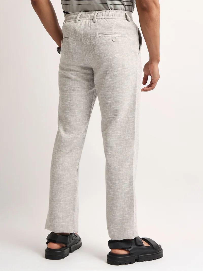 Maniac  Maniac Mens Solid Grey Elastic Linen Cotton Blend Trouser for Men | Best Price UAE